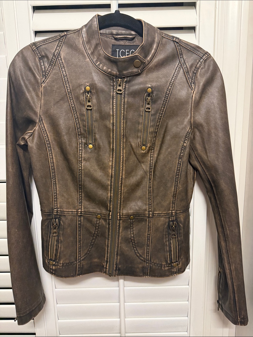 TCEC Women's Distressed Brown Leather Moto Jacket
